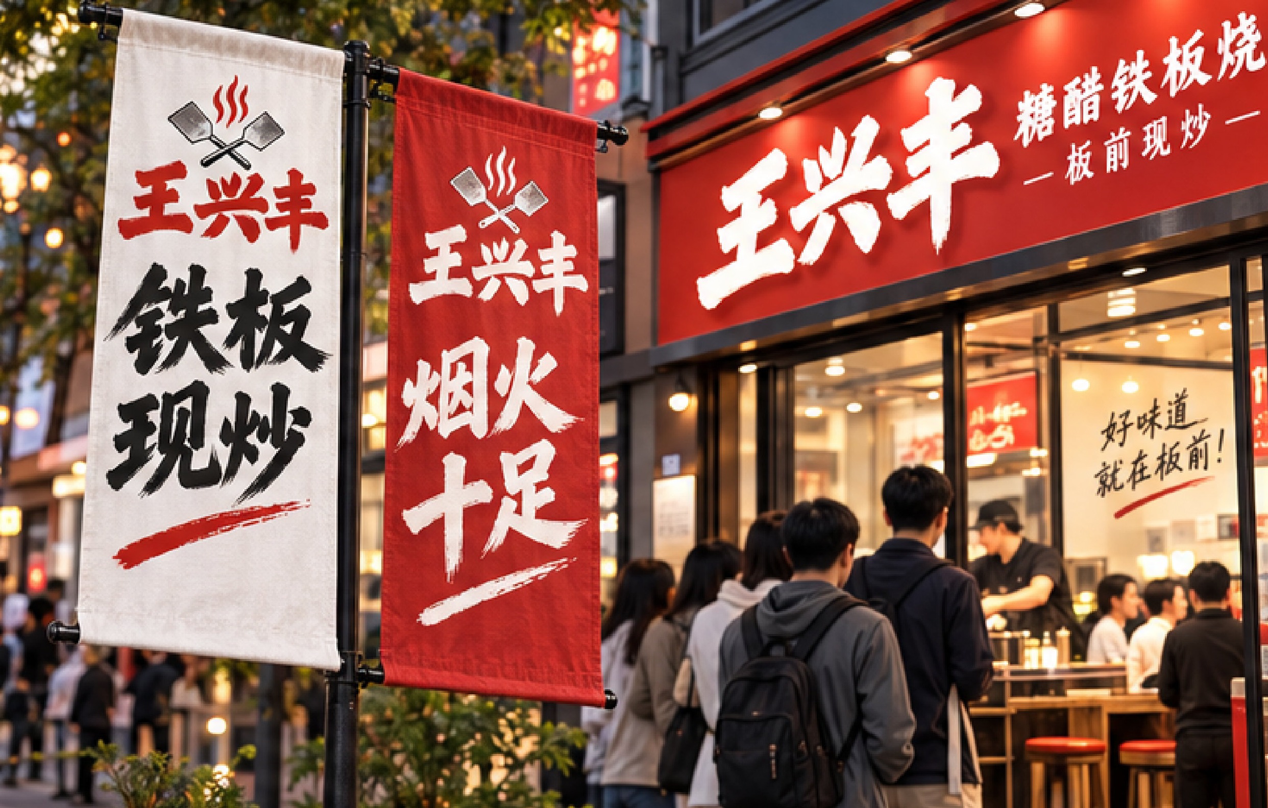 夜间街头门店，旗帜与排队客流