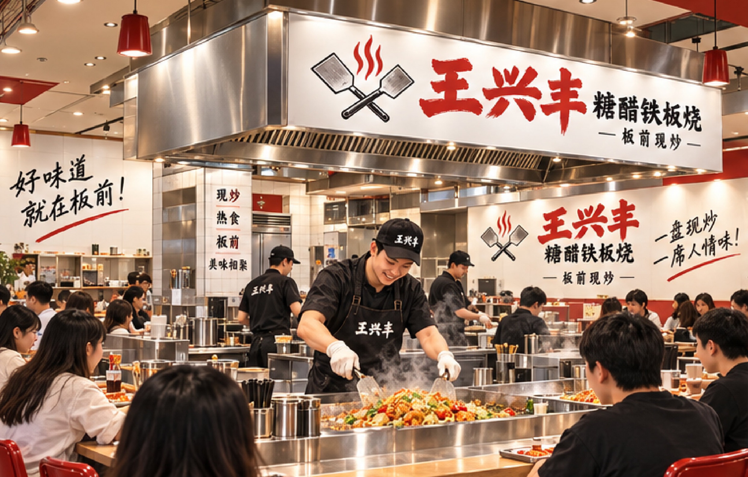 围坐板前用餐场景