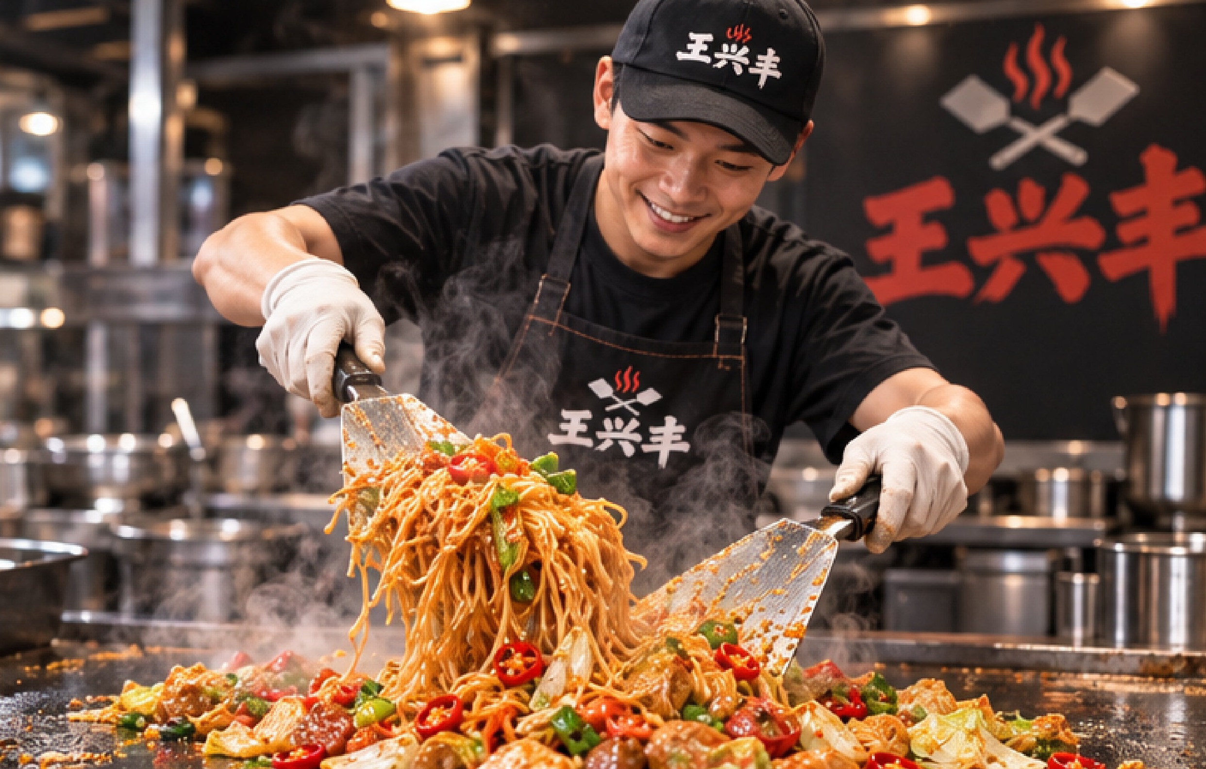 店内铁板明档，厨师双铲现炒